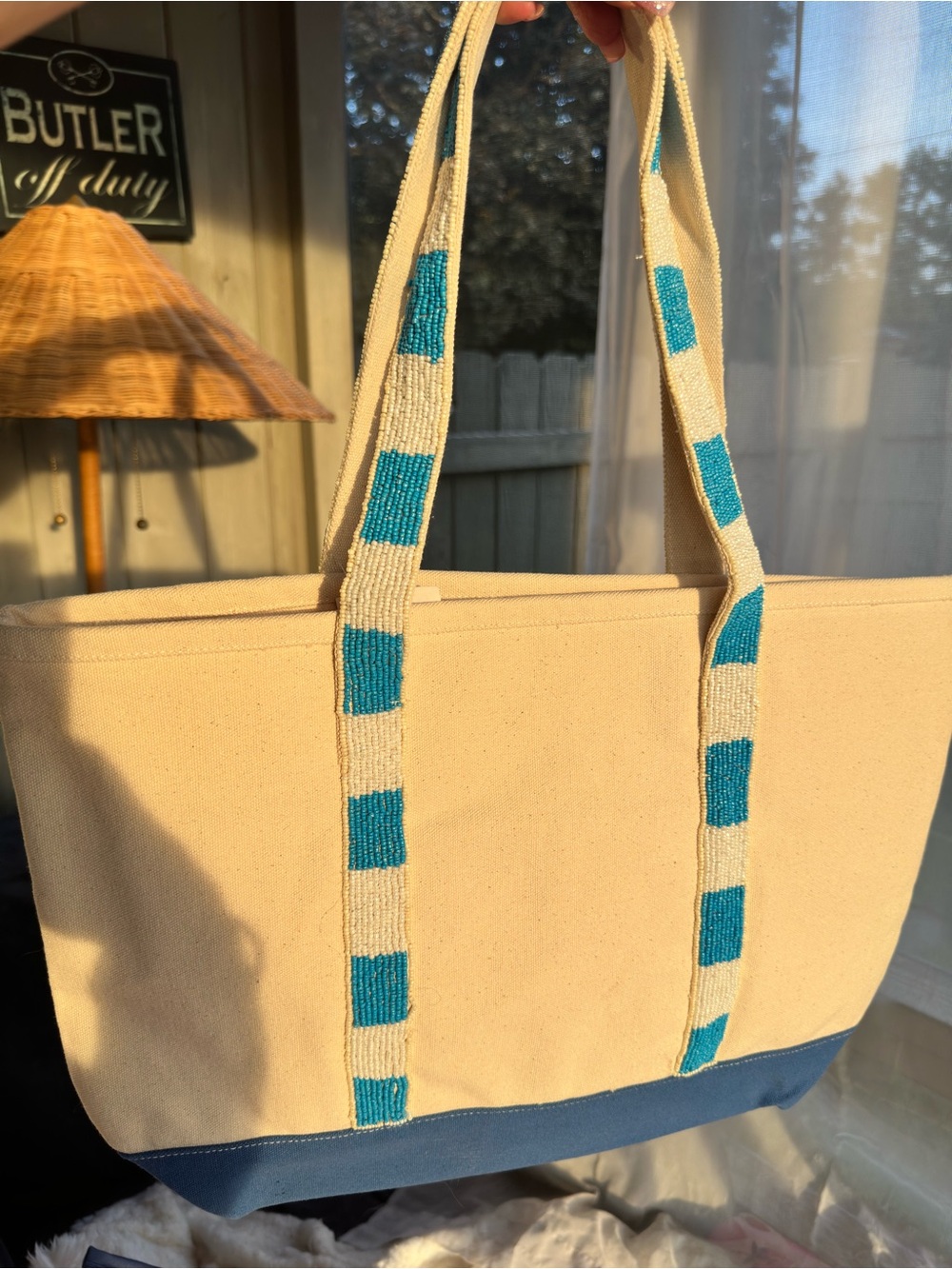 🦞 Handcrafted in India Beige Canvas Tote with LOTS of Red beaded lobsters! 🦞 - Picture 6 of 6